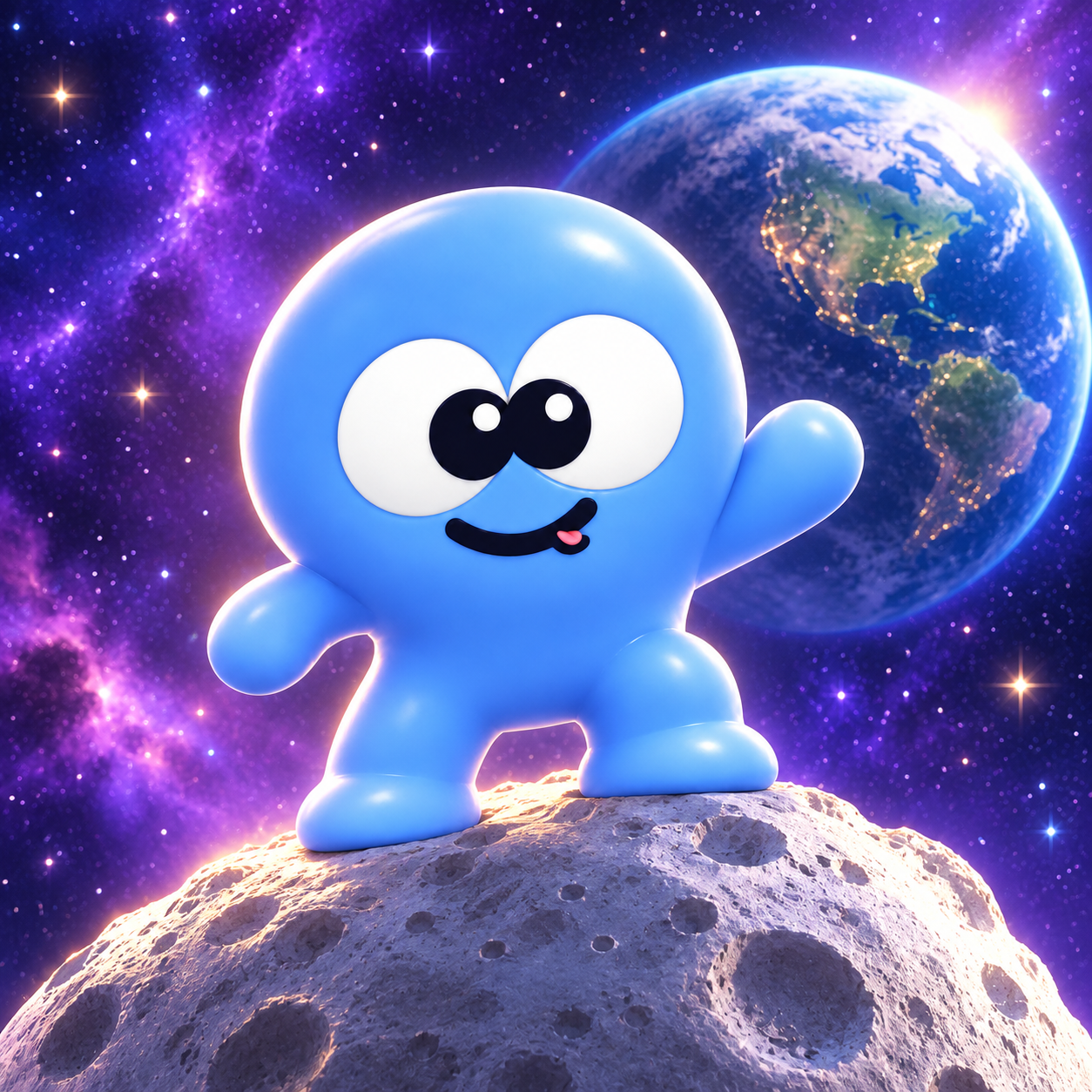 Mini Gomo explores the moon with Earth behind him