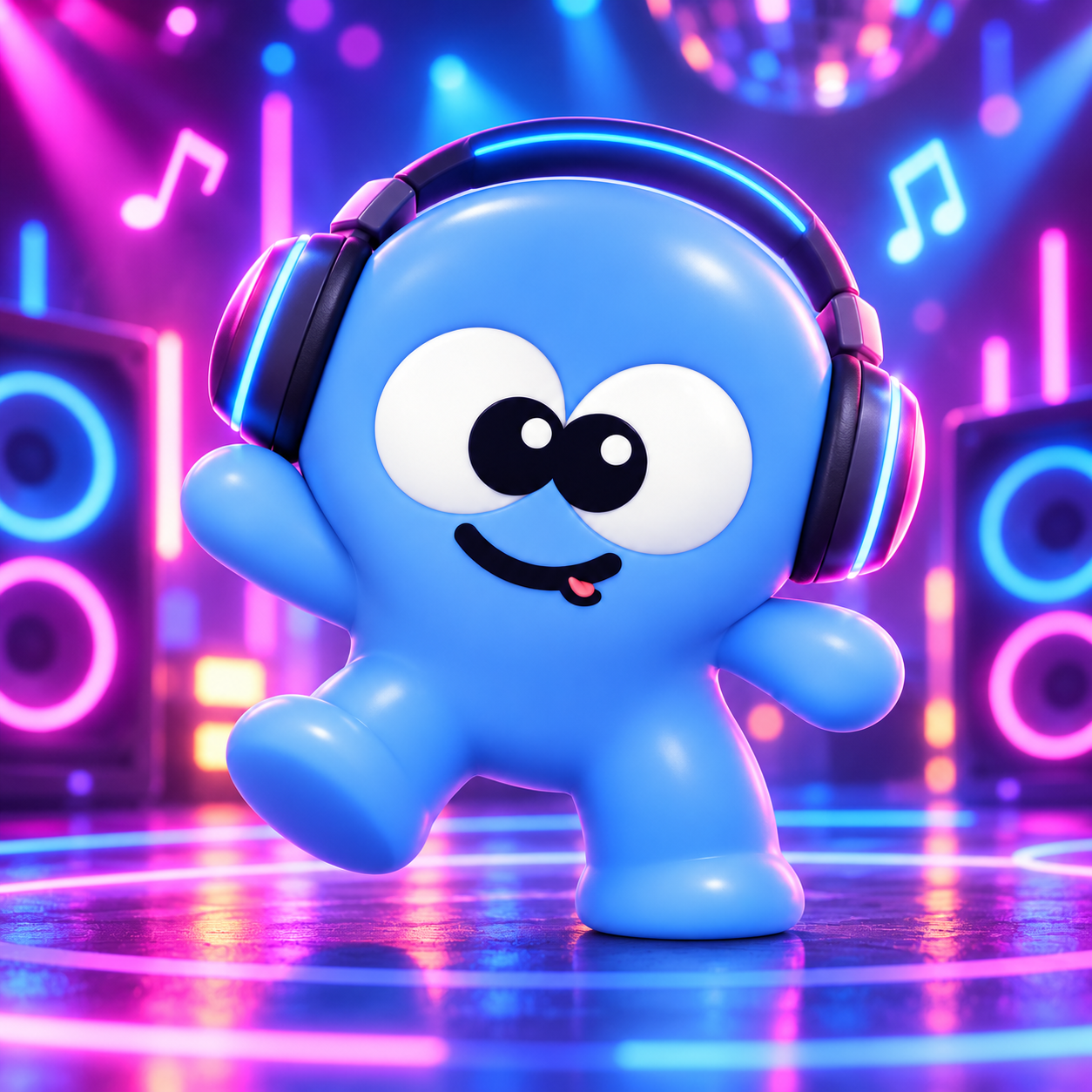 Mini Gomo dances in headphones under neon lights