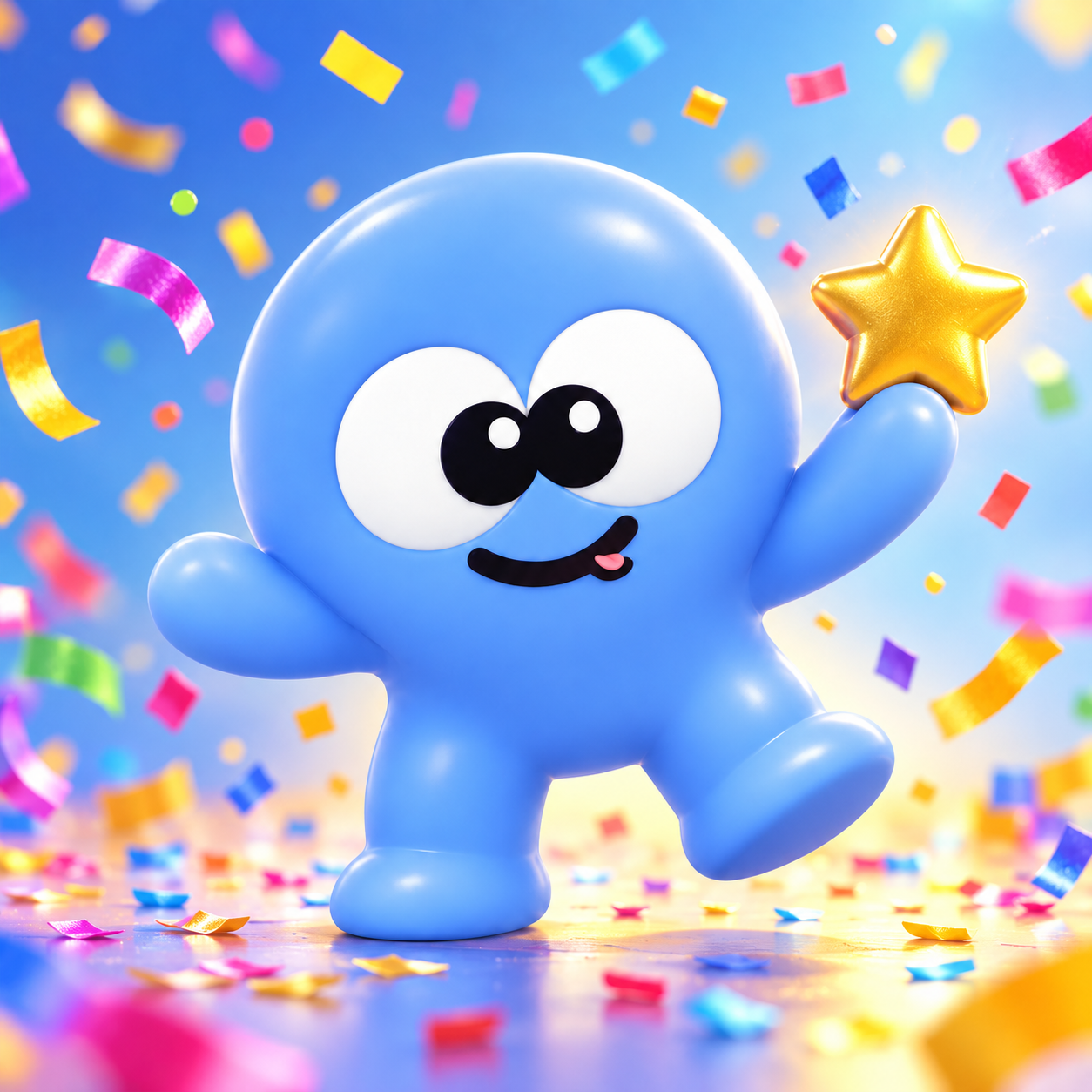 Mini Gomo celebrates with confetti and a golden star